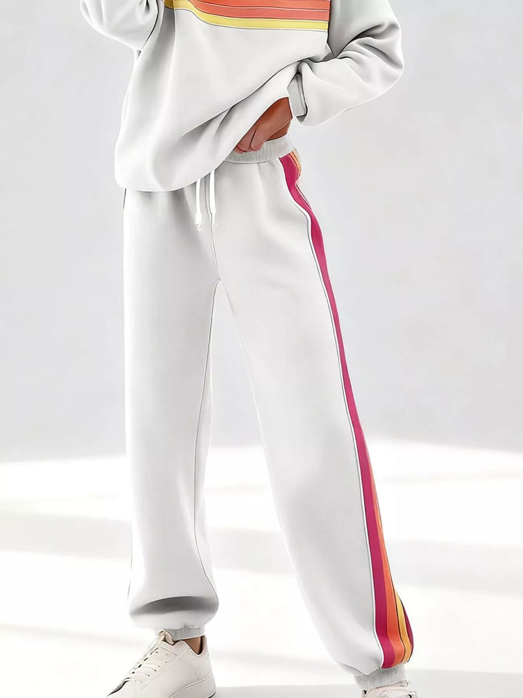 Striped Round Neck Sweatshirt and Pants Set - Lara Moda