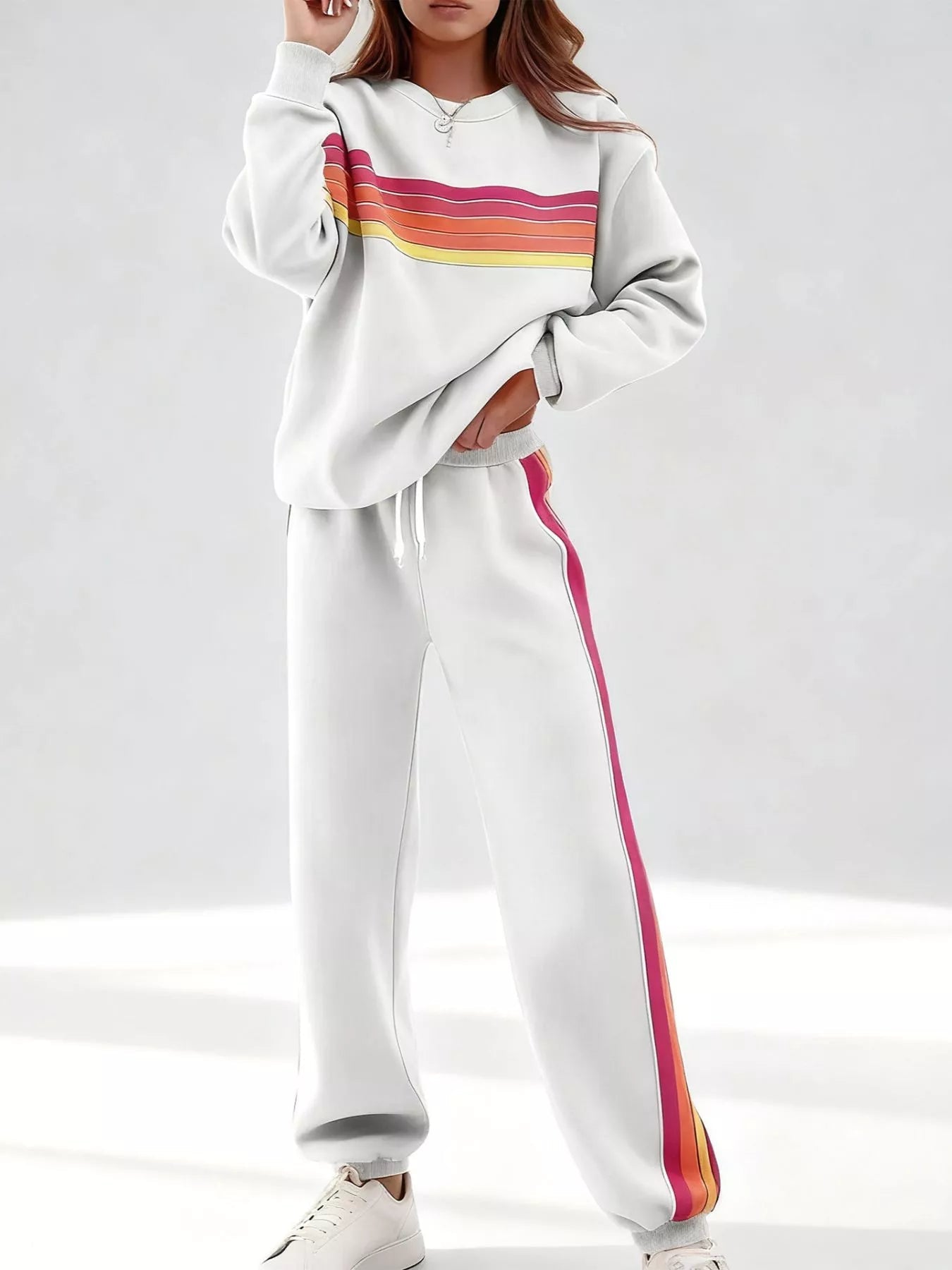 Striped Round Neck Sweatshirt and Pants Set - Lara Moda