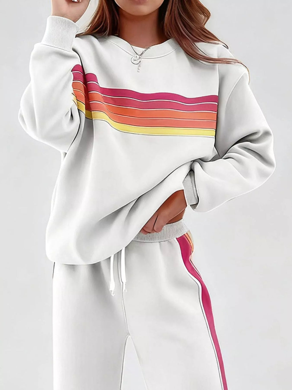 Striped Round Neck Sweatshirt and Pants Set - Lara Moda