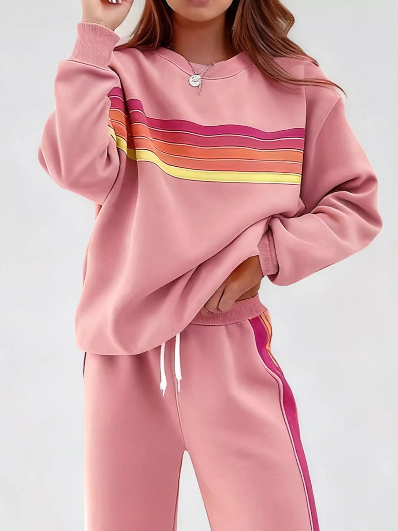 Striped Round Neck Sweatshirt and Pants Set - Lara Moda