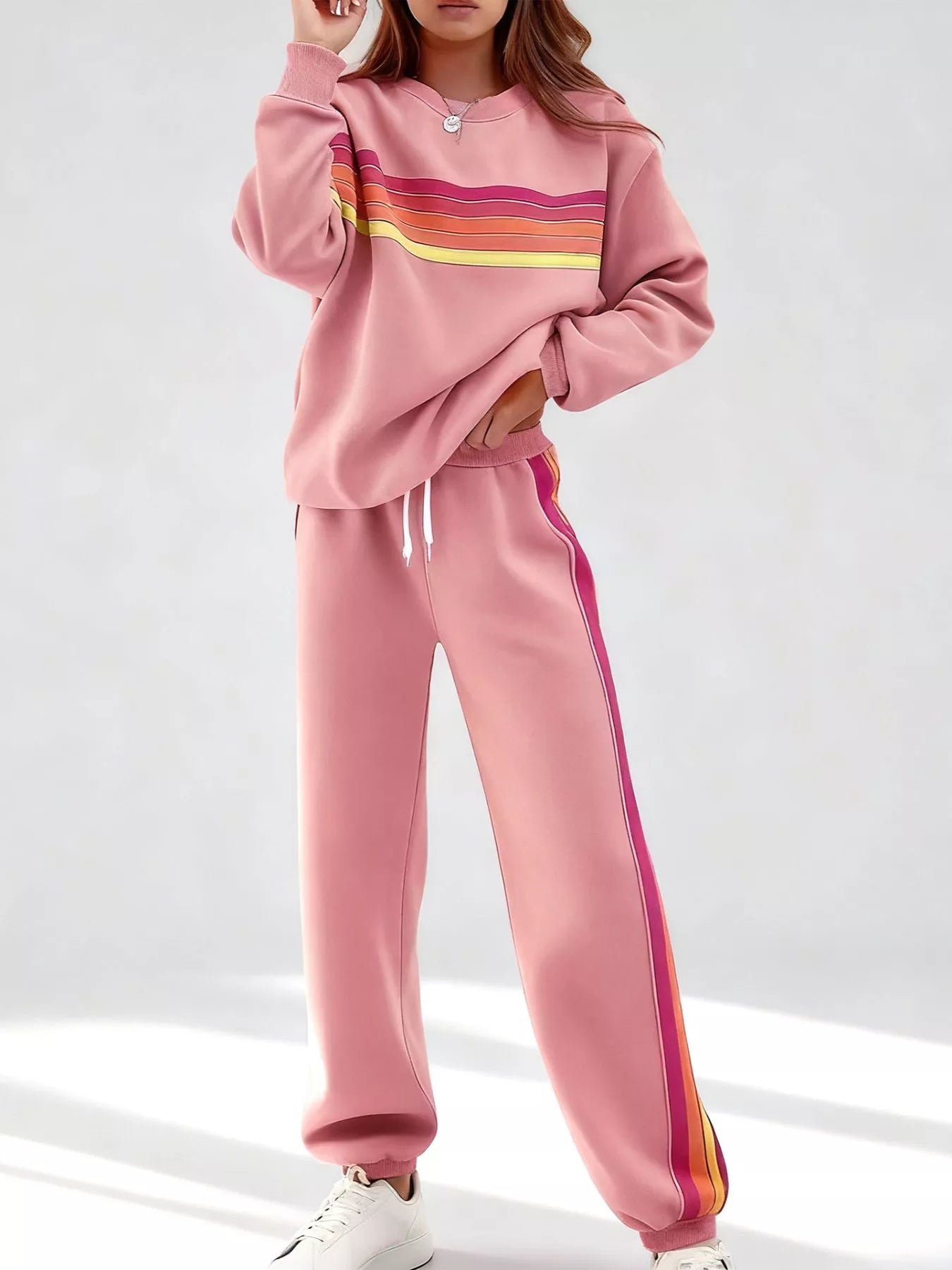 Striped Round Neck Sweatshirt and Pants Set - Lara Moda