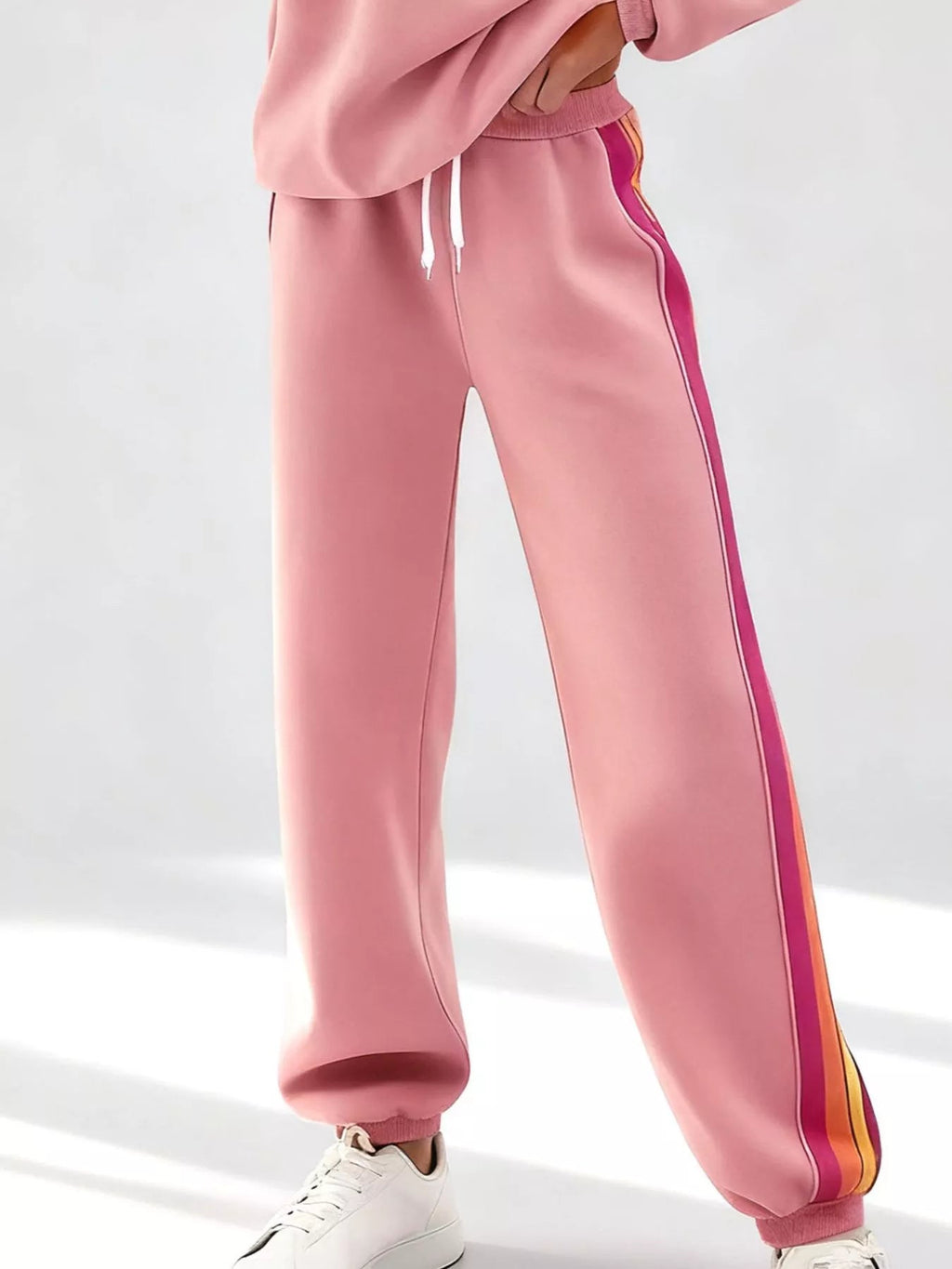Striped Round Neck Sweatshirt and Pants Set - Lara Moda