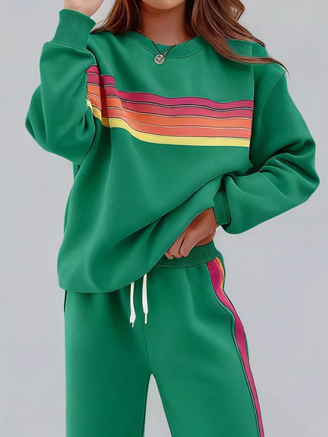 Striped Round Neck Sweatshirt and Pants Set - Lara Moda