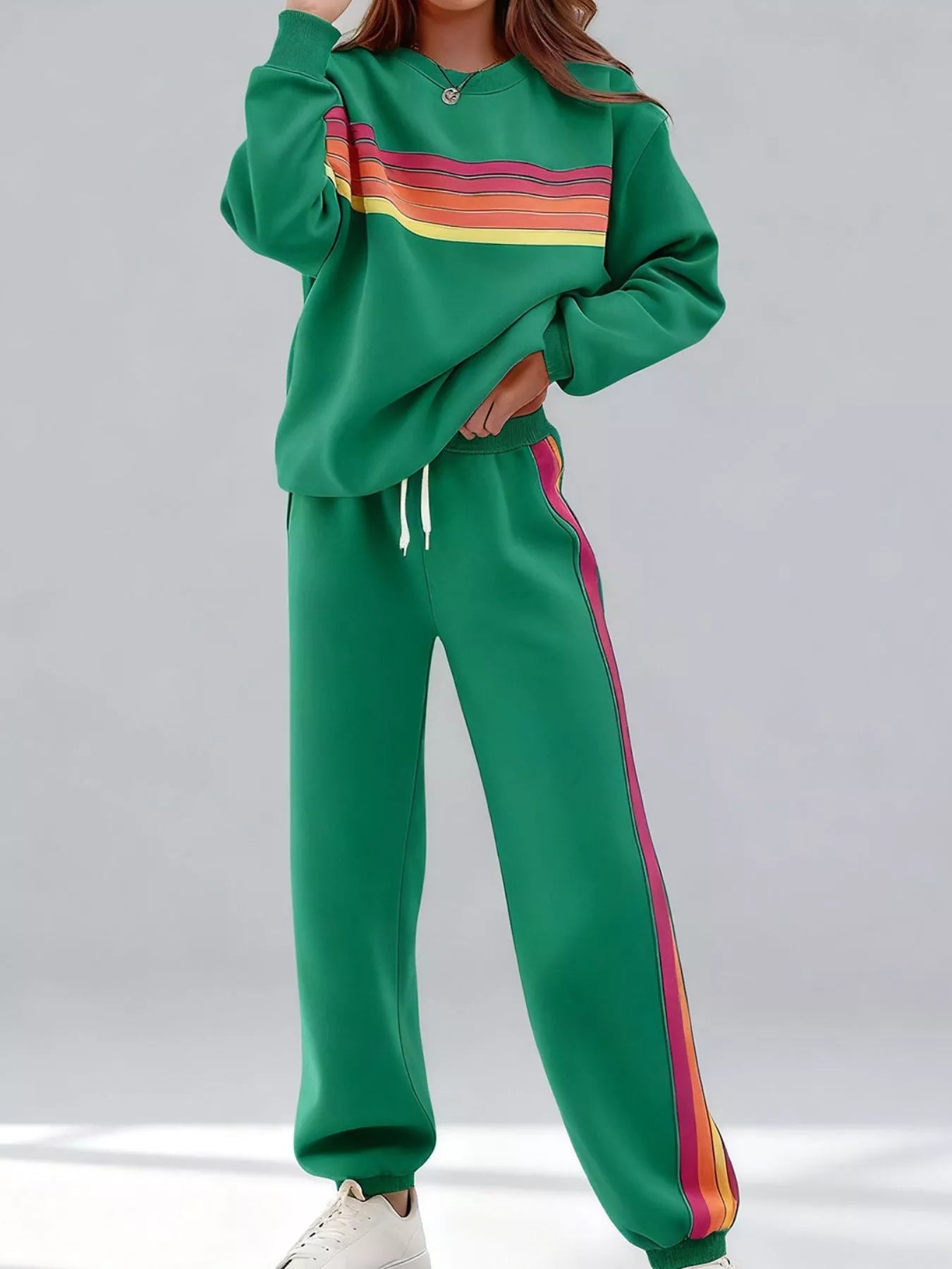 Striped Round Neck Sweatshirt and Pants Set - Lara Moda