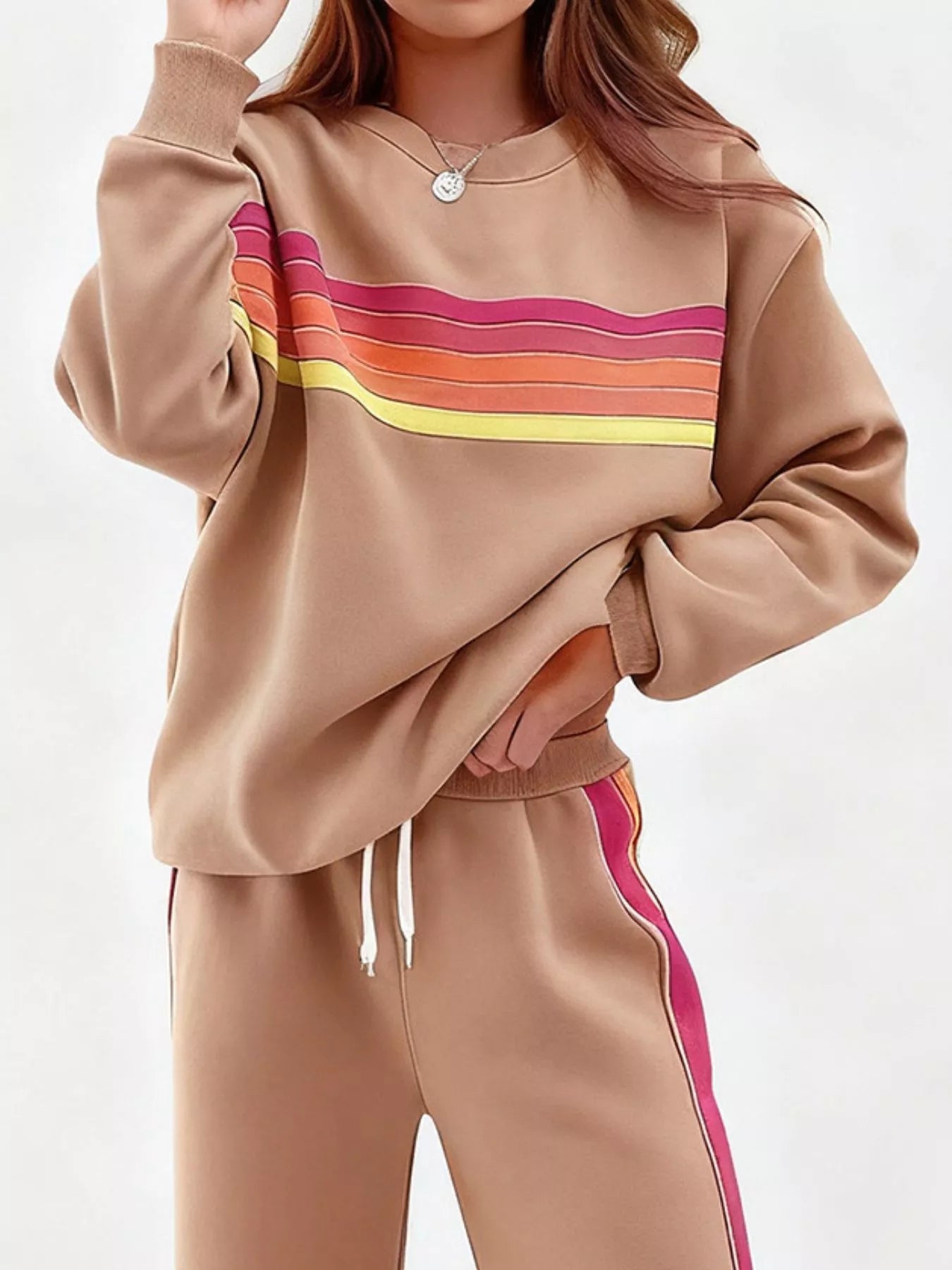 Striped Round Neck Sweatshirt and Pants Set - Lara Moda