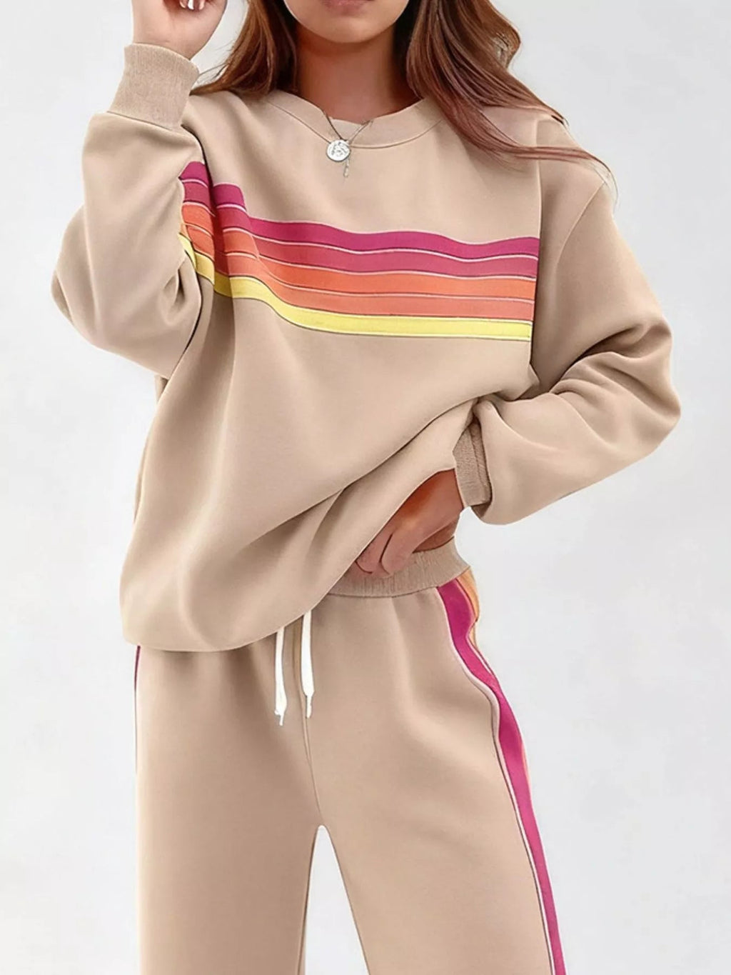 Striped Round Neck Sweatshirt and Pants Set - Lara Moda