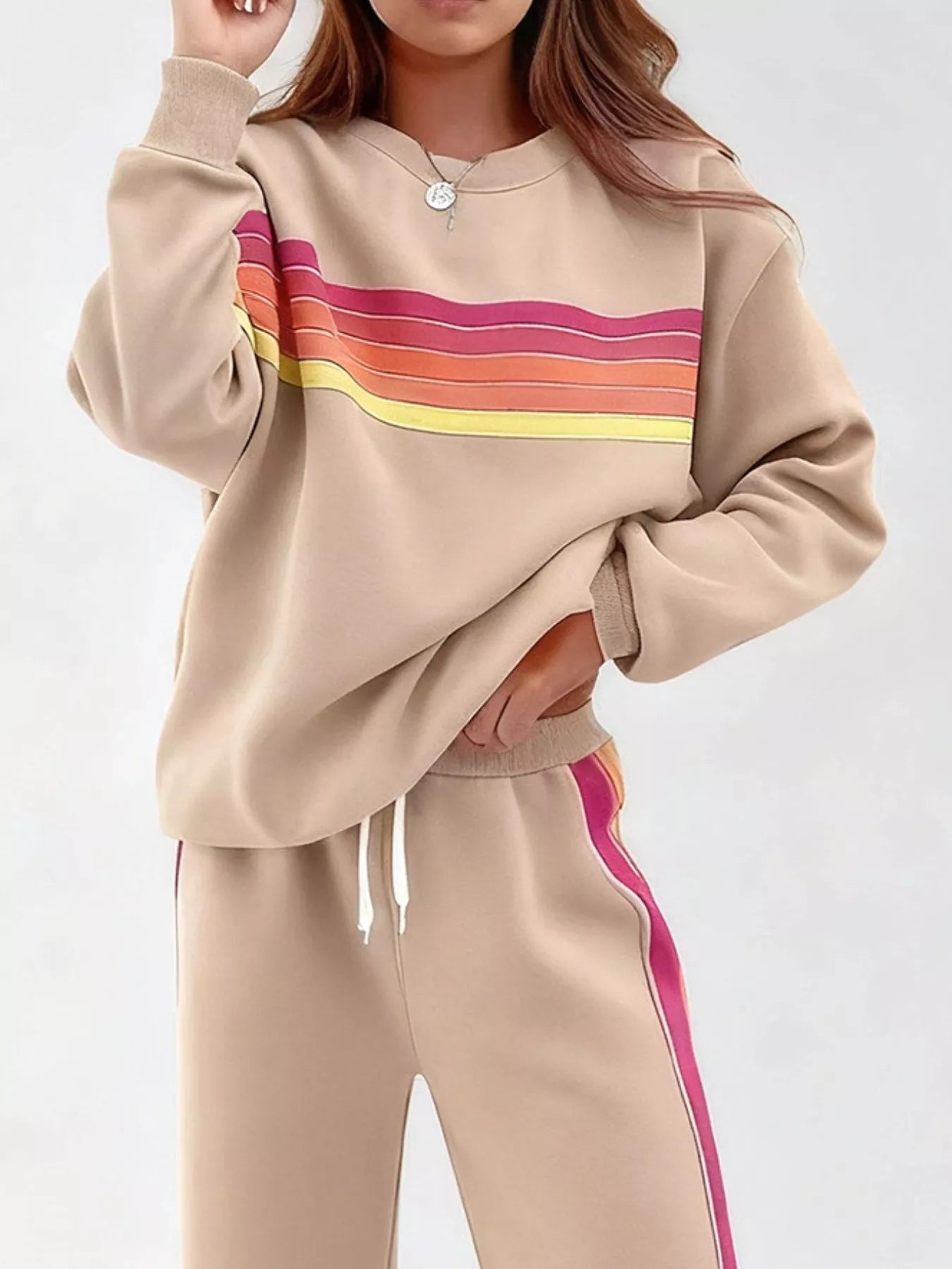 Striped Round Neck Sweatshirt and Pants Set - Lara Moda