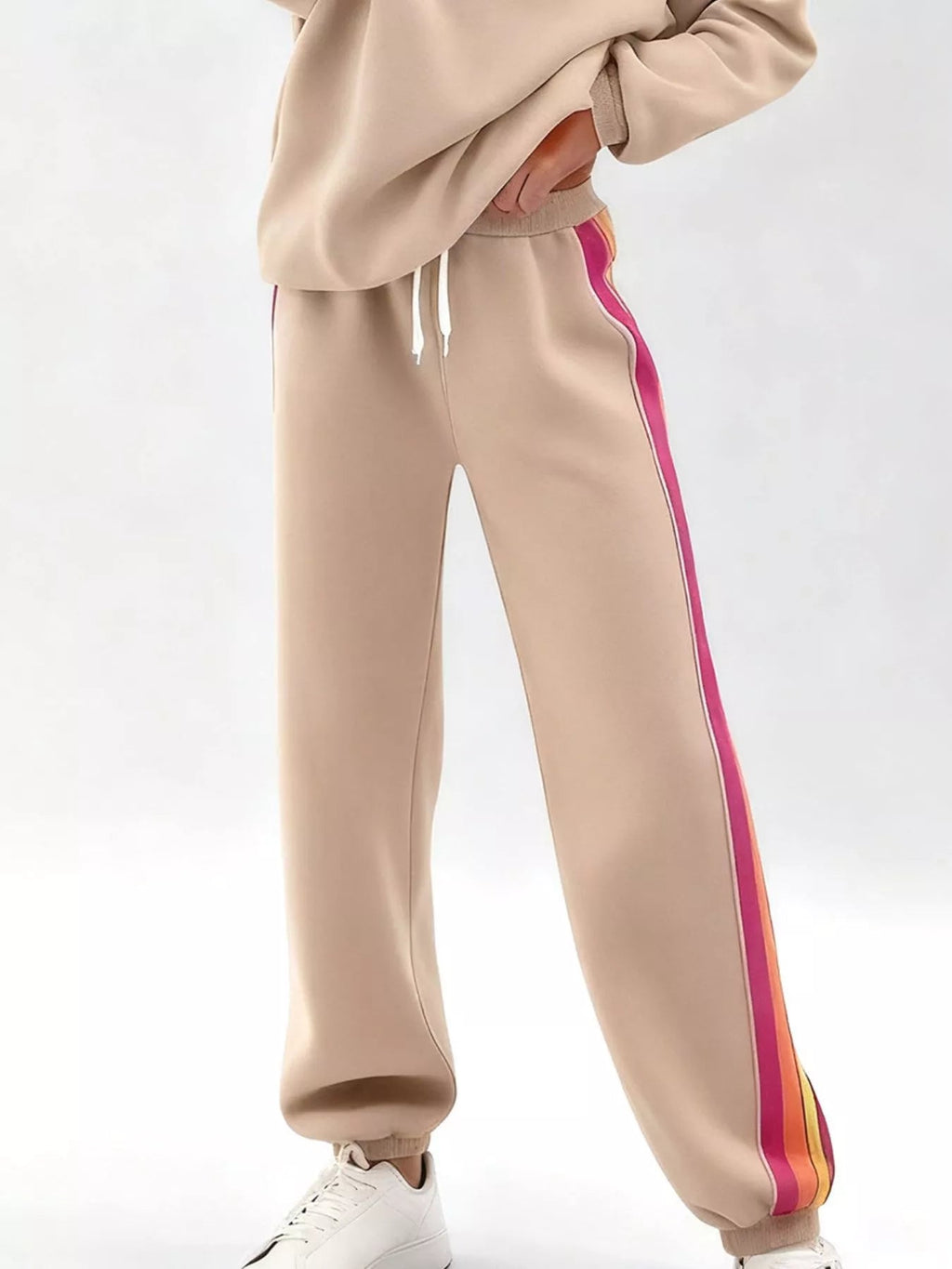 Striped Round Neck Sweatshirt and Pants Set - Lara Moda
