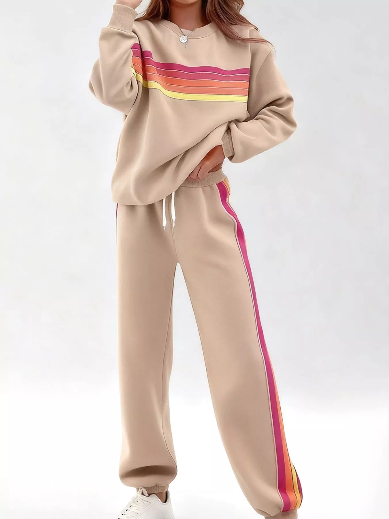 Striped Round Neck Sweatshirt and Pants Set - Lara Moda