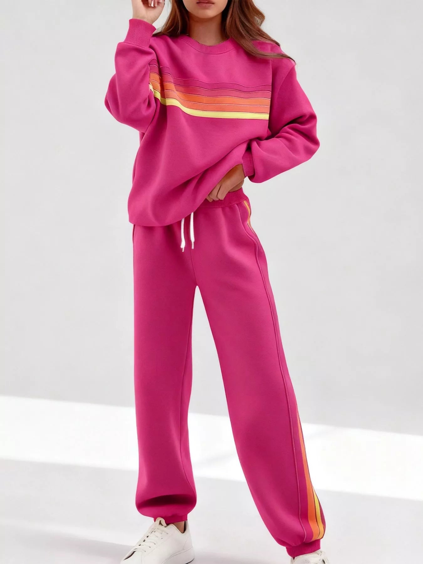 Striped Round Neck Sweatshirt and Pants Set - Lara Moda