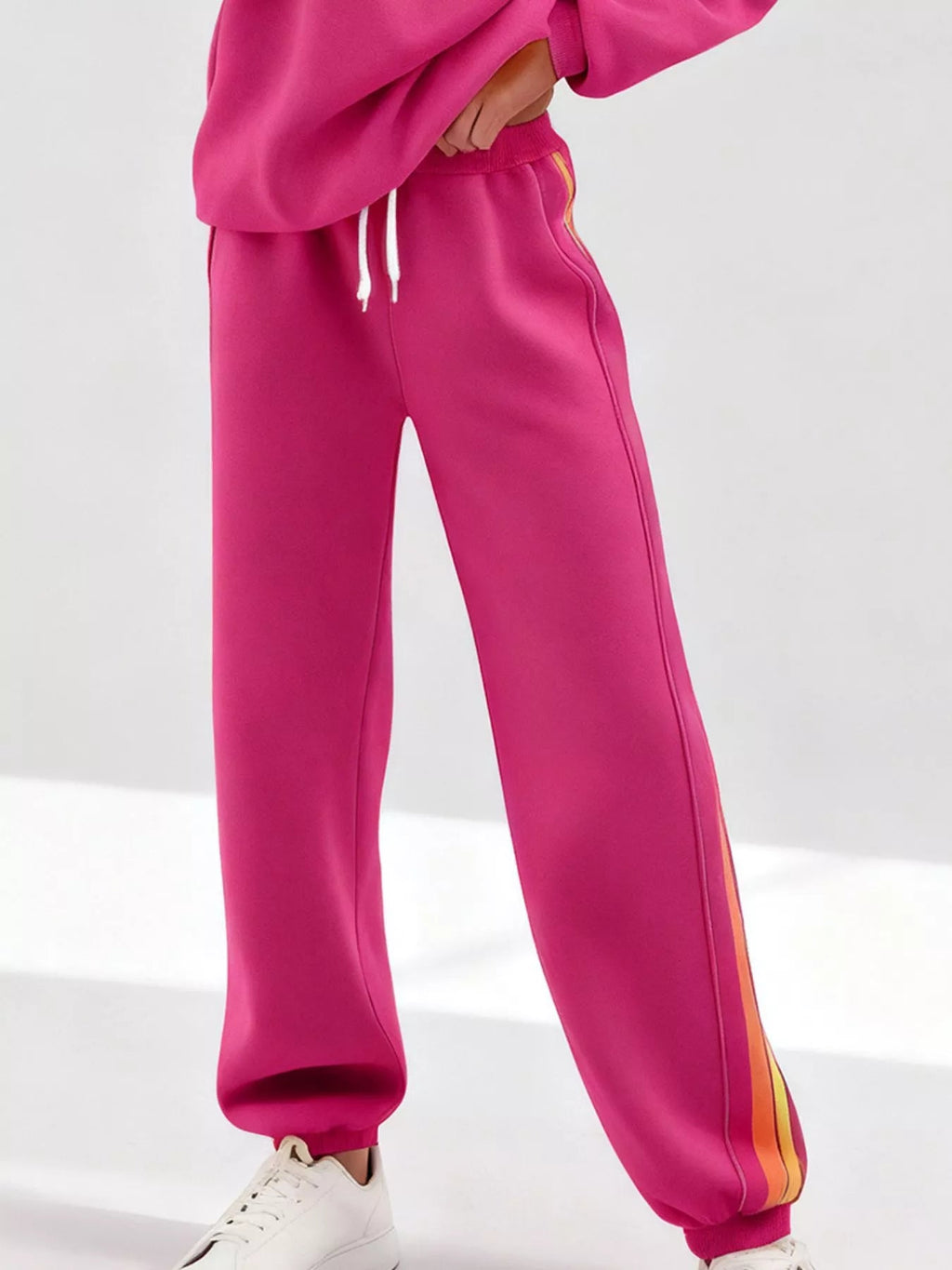 Striped Round Neck Sweatshirt and Pants Set - Lara Moda