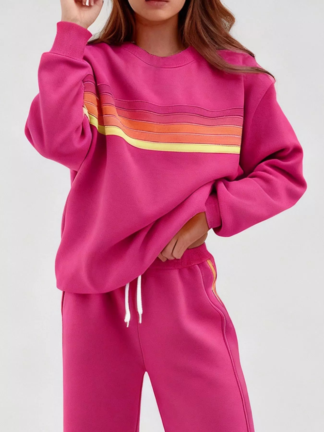 Striped Round Neck Sweatshirt and Pants Set - Lara Moda
