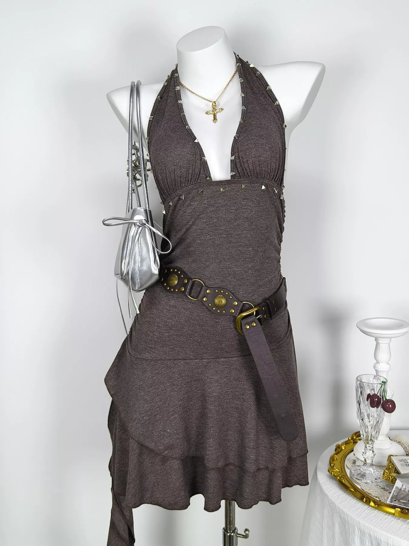 Studded Halter Neck Ruffle Hem Mini Dress - Lara Moda