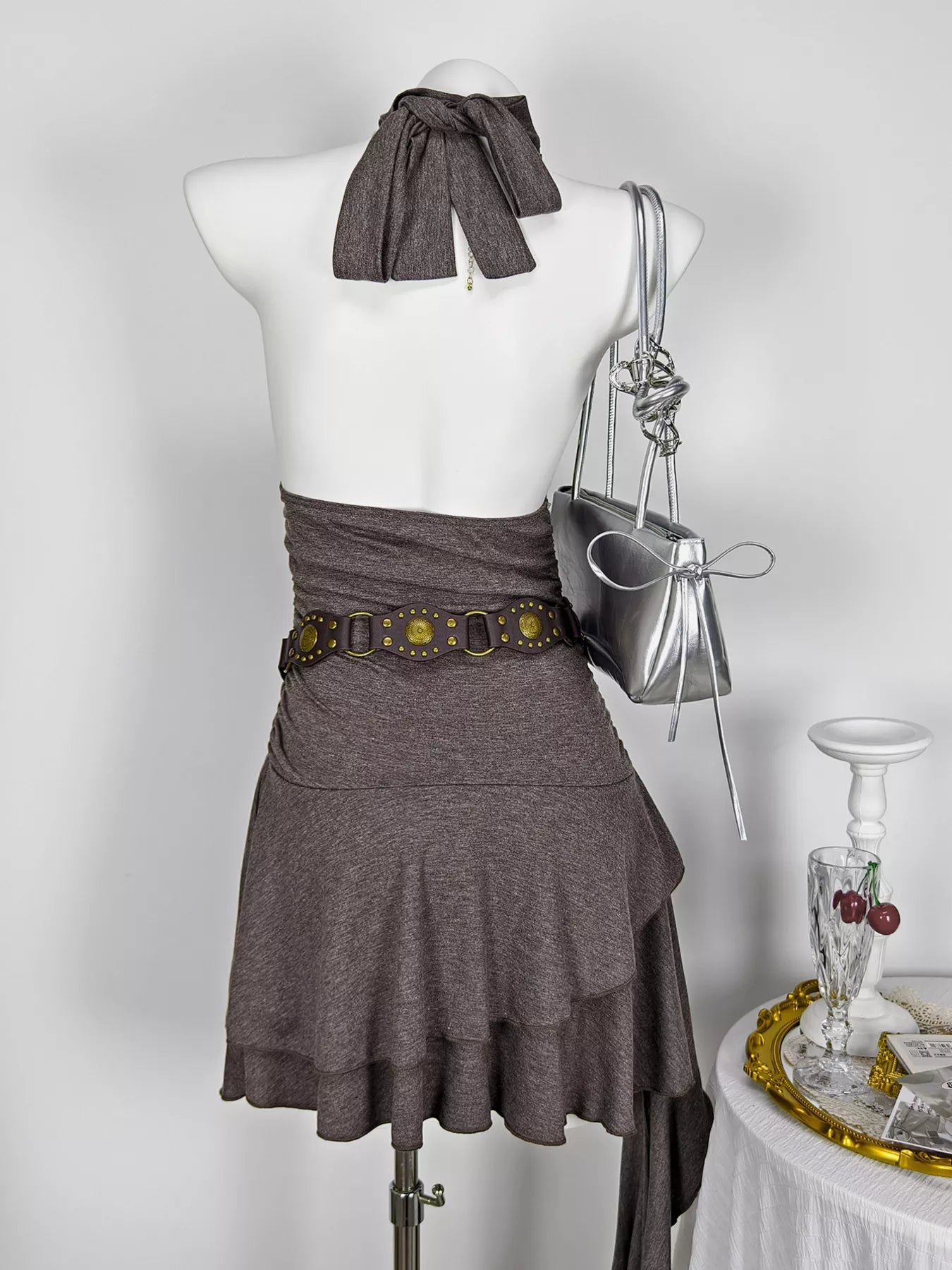 Studded Halter Neck Ruffle Hem Mini Dress - Lara Moda
