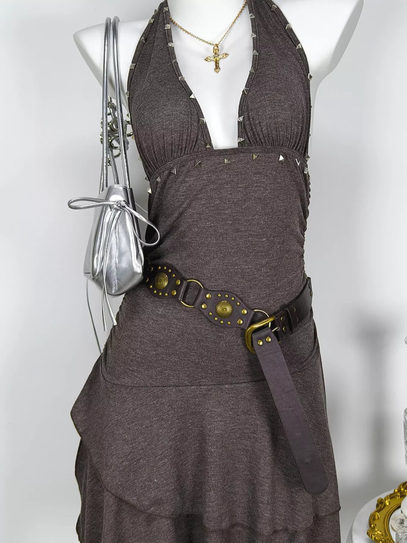 Studded Halter Neck Ruffle Hem Mini Dress - Lara Moda