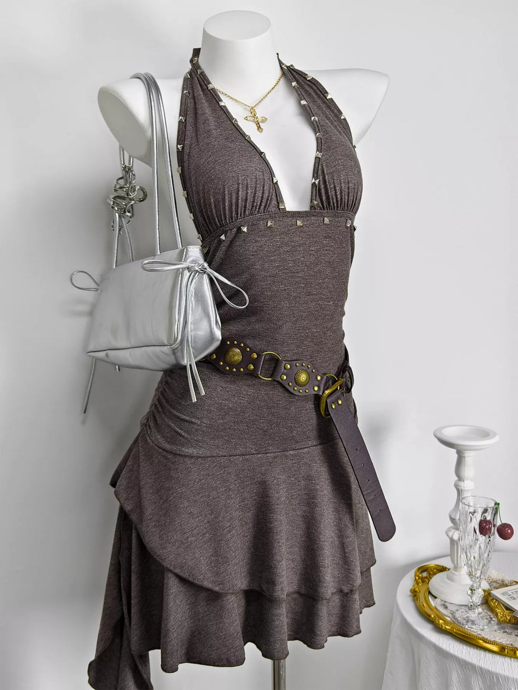 Studded Halter Neck Ruffle Hem Mini Dress - Lara Moda