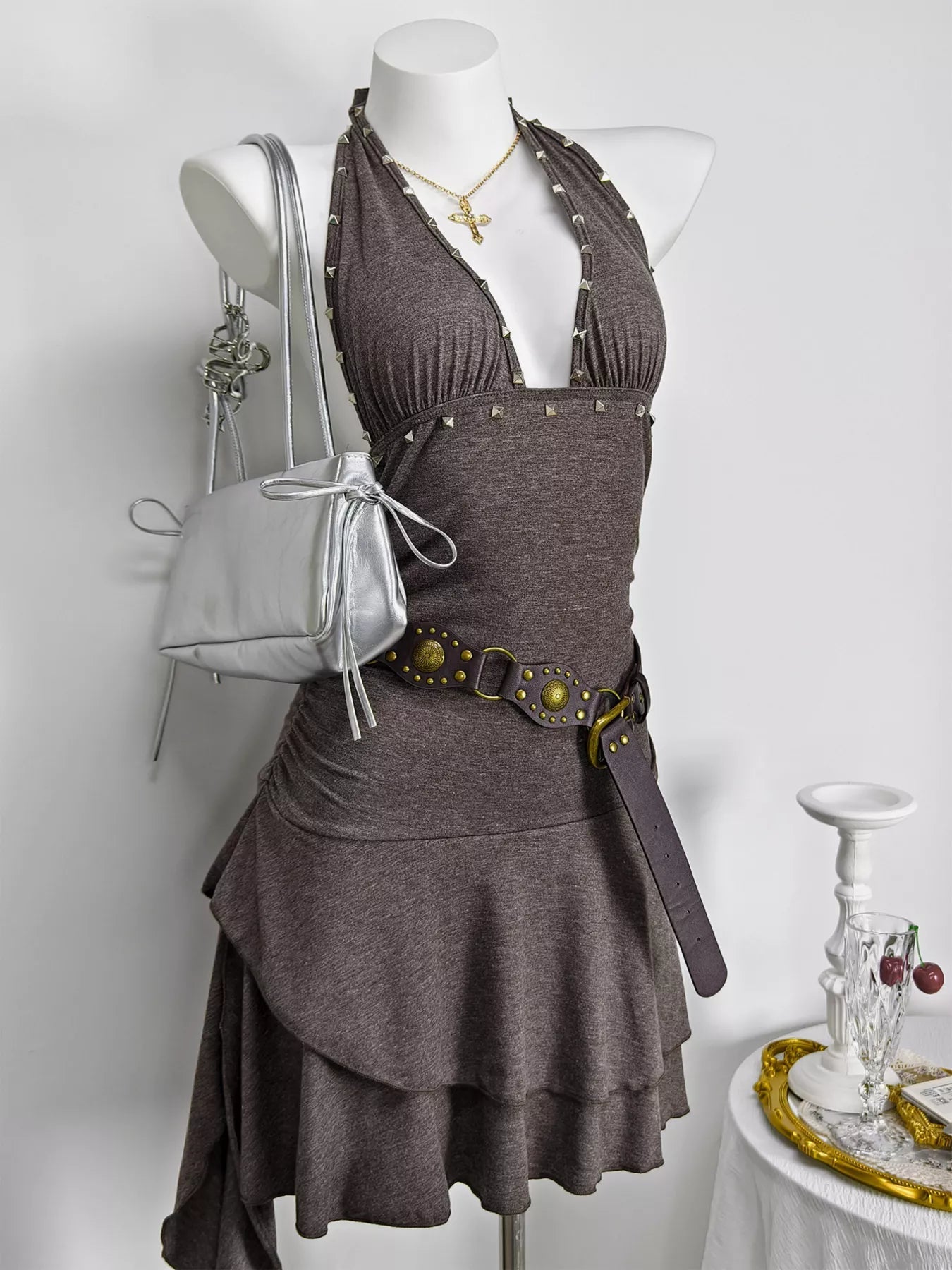 Studded Halter Neck Ruffle Hem Mini Dress - Lara Moda