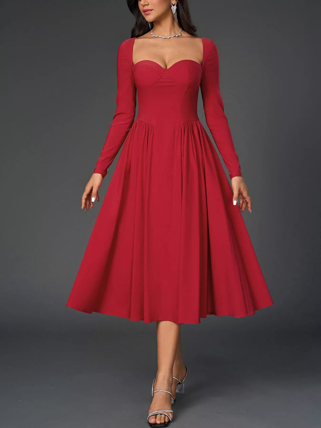 Sweetheart Neckline Long Sleeve A-Line Midi Dress - Lara Moda