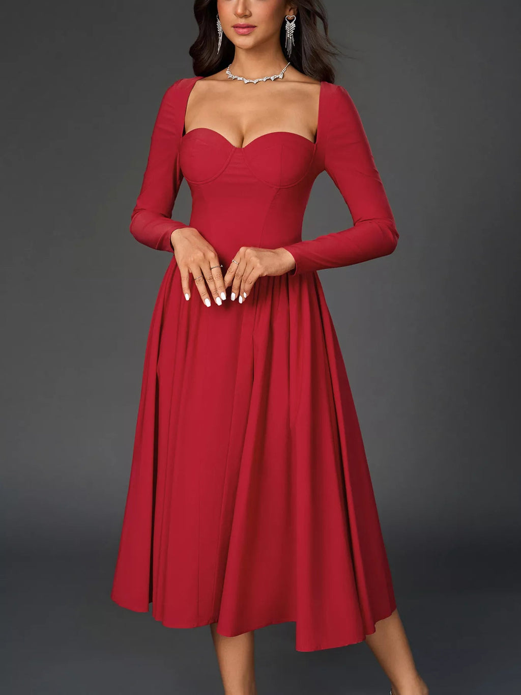 Sweetheart Neckline Long Sleeve A-Line Midi Dress - Lara Moda