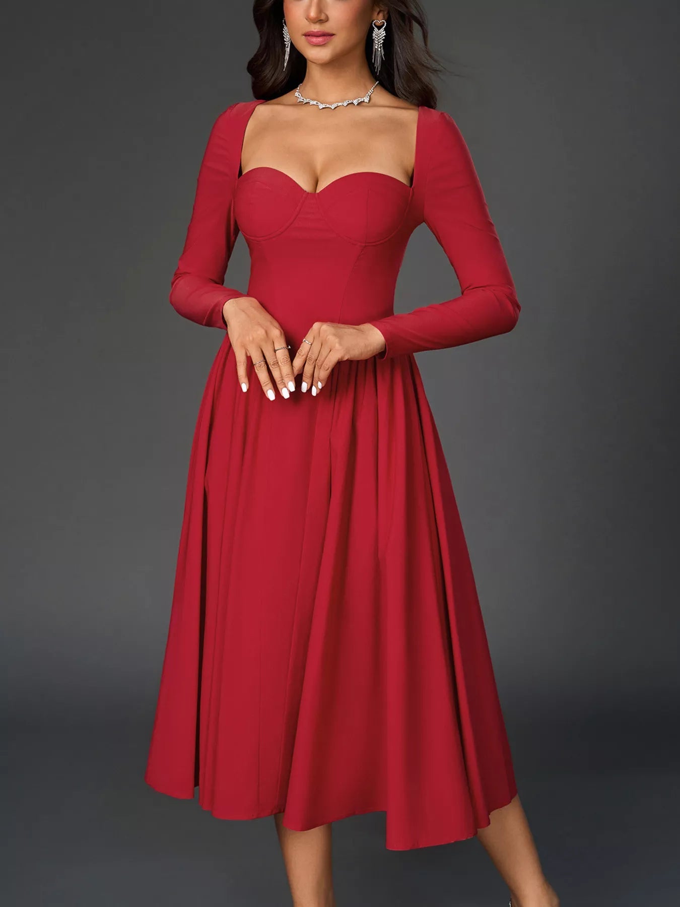 Sweetheart Neckline Long Sleeve A-Line Midi Dress - Lara Moda