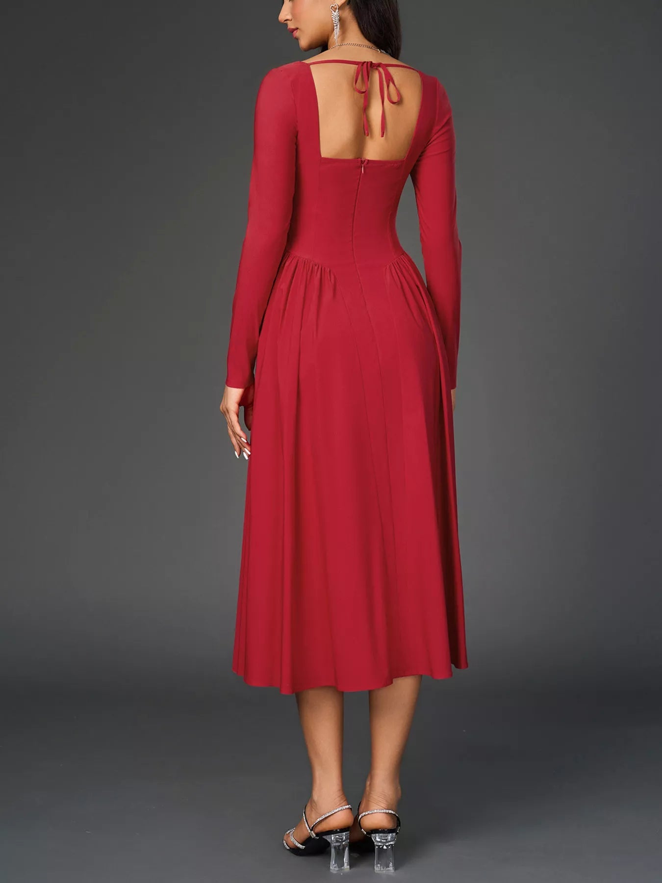 Sweetheart Neckline Long Sleeve A-Line Midi Dress - Lara Moda