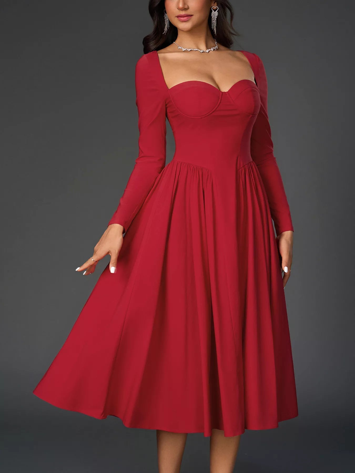Sweetheart Neckline Long Sleeve A-Line Midi Dress - Lara Moda