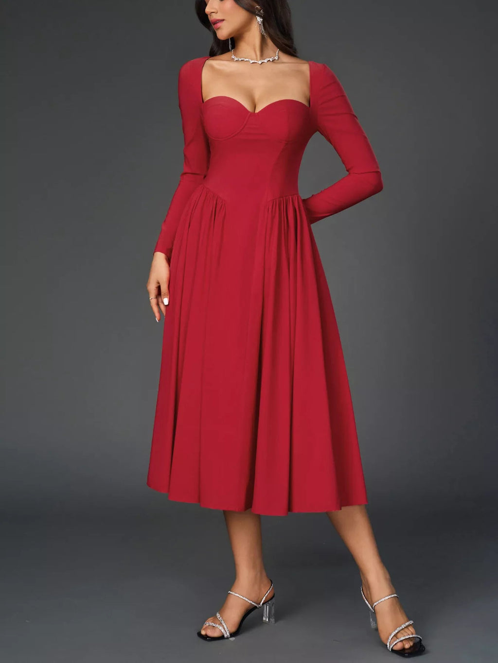 Sweetheart Neckline Long Sleeve A-Line Midi Dress - Lara Moda
