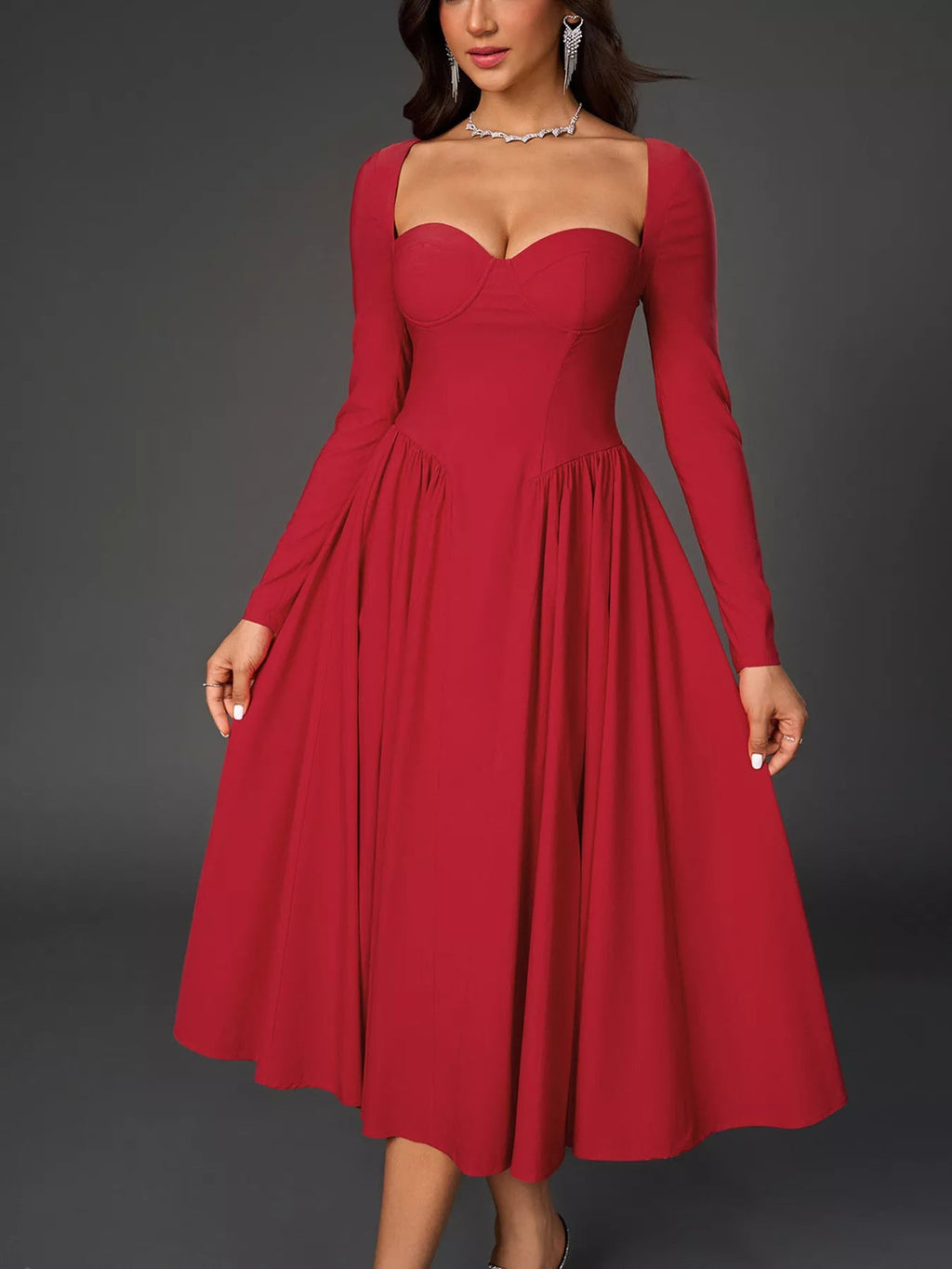 Sweetheart Neckline Long Sleeve A-Line Midi Dress - Lara Moda
