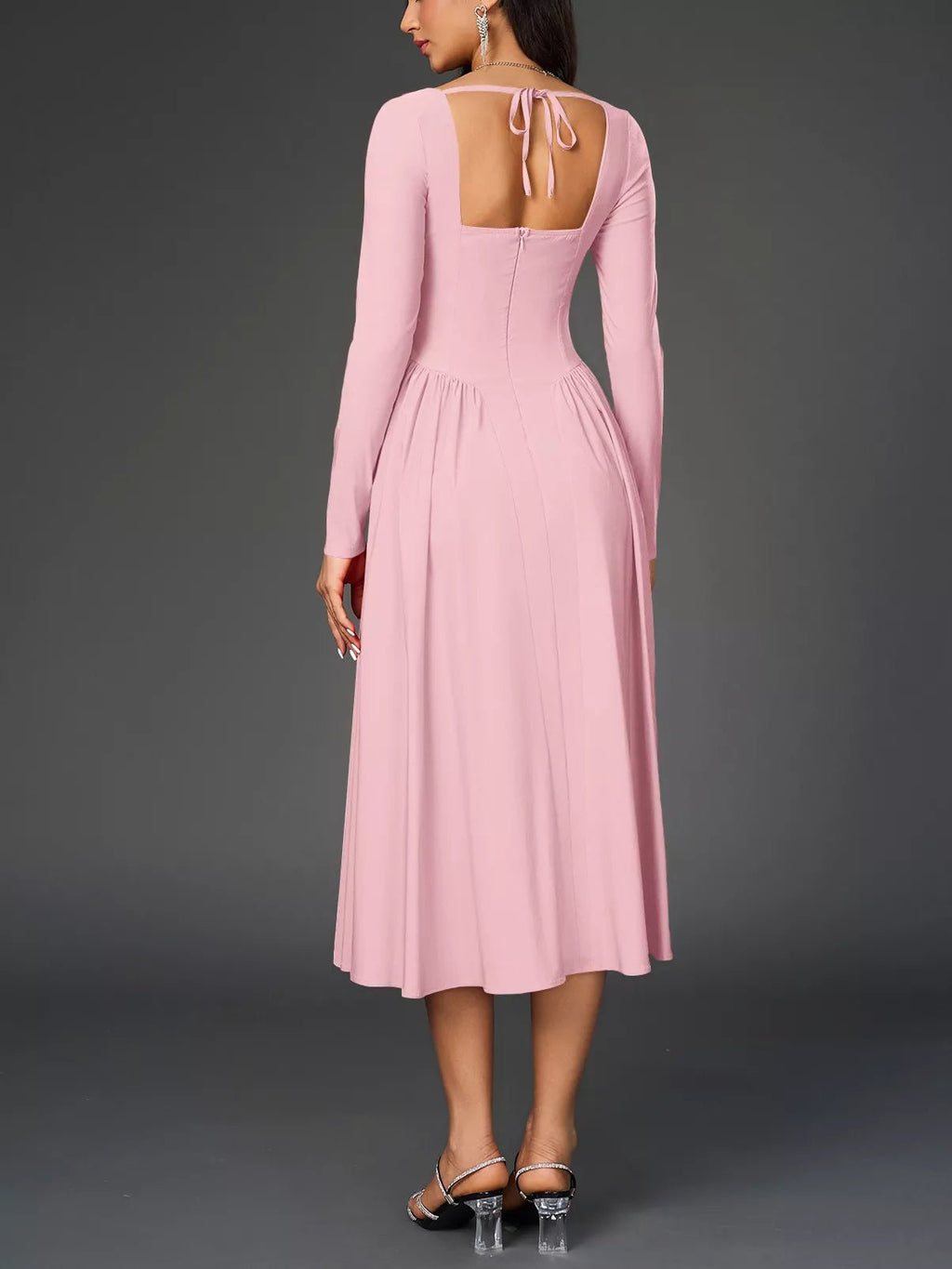 Sweetheart Neckline Long Sleeve A-Line Midi Dress - Lara Moda