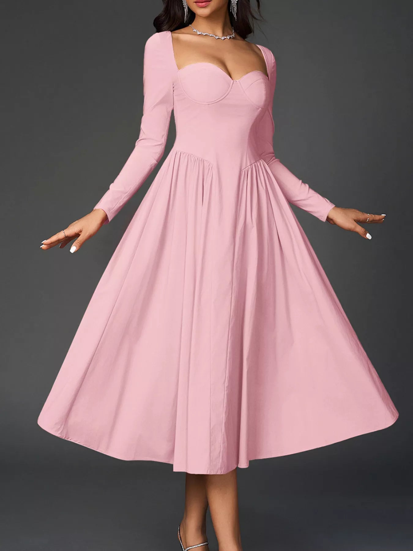 Sweetheart Neckline Long Sleeve A-Line Midi Dress - Lara Moda