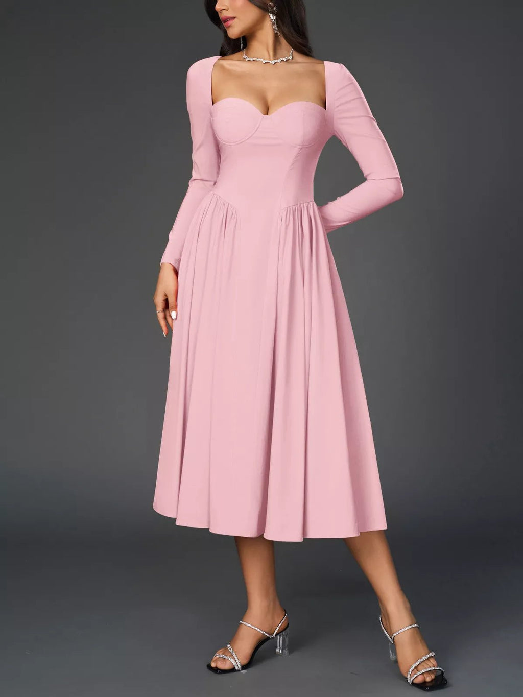 Sweetheart Neckline Long Sleeve A-Line Midi Dress - Lara Moda