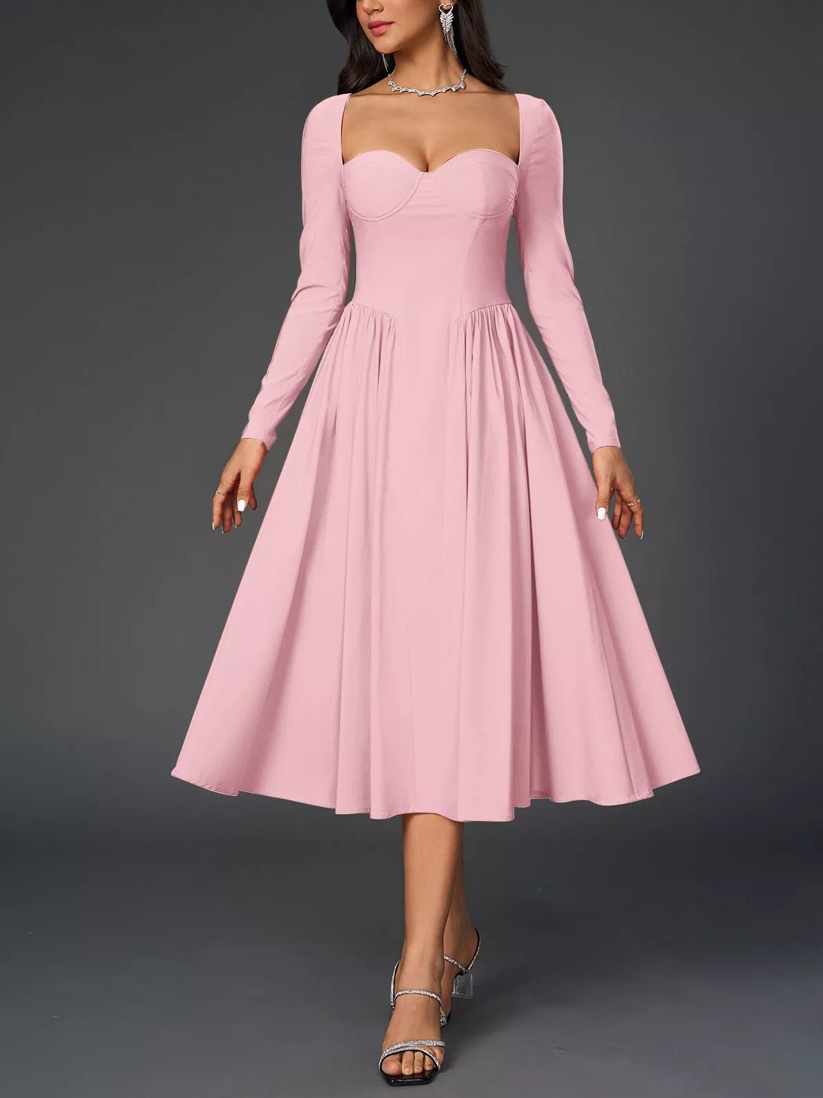 Sweetheart Neckline Long Sleeve A-Line Midi Dress - Lara Moda