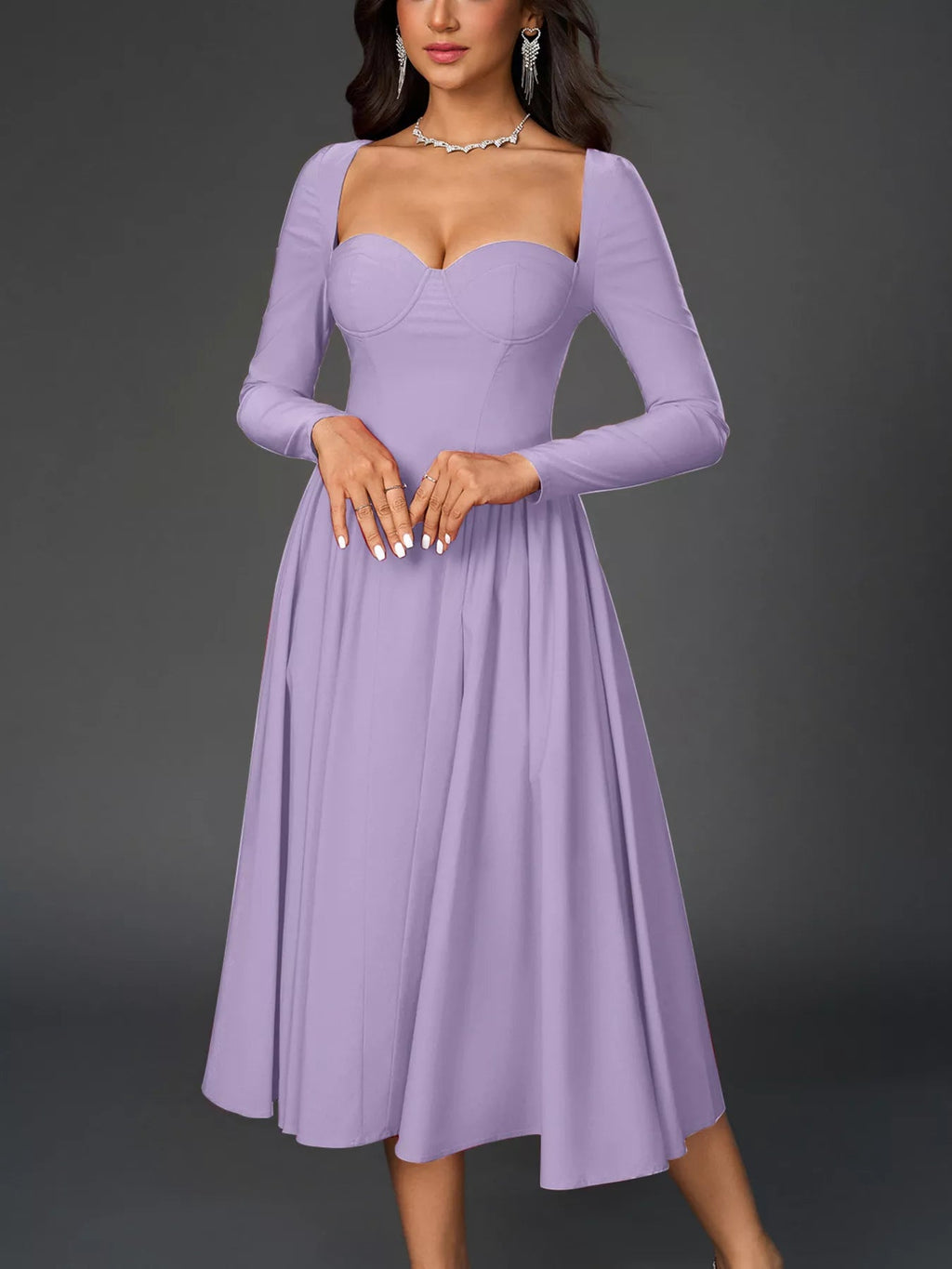 Sweetheart Neckline Long Sleeve A-Line Midi Dress - Lara Moda