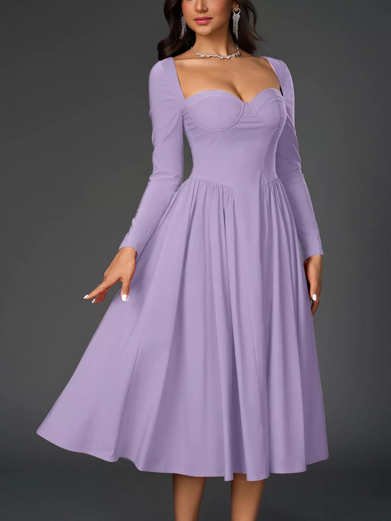 Sweetheart Neckline Long Sleeve A-Line Midi Dress - Lara Moda