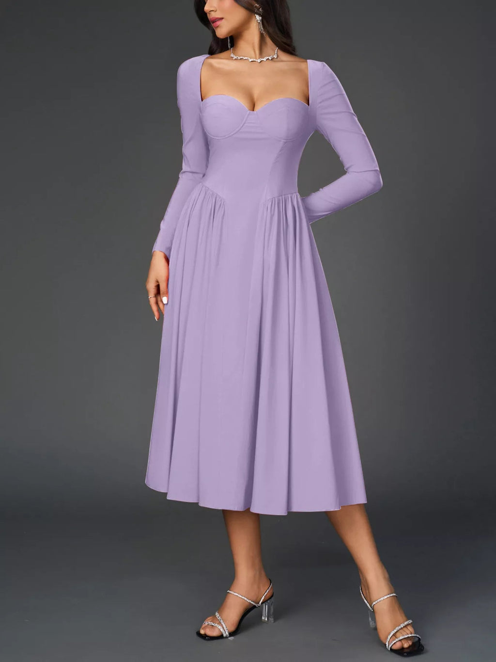 Sweetheart Neckline Long Sleeve A-Line Midi Dress - Lara Moda