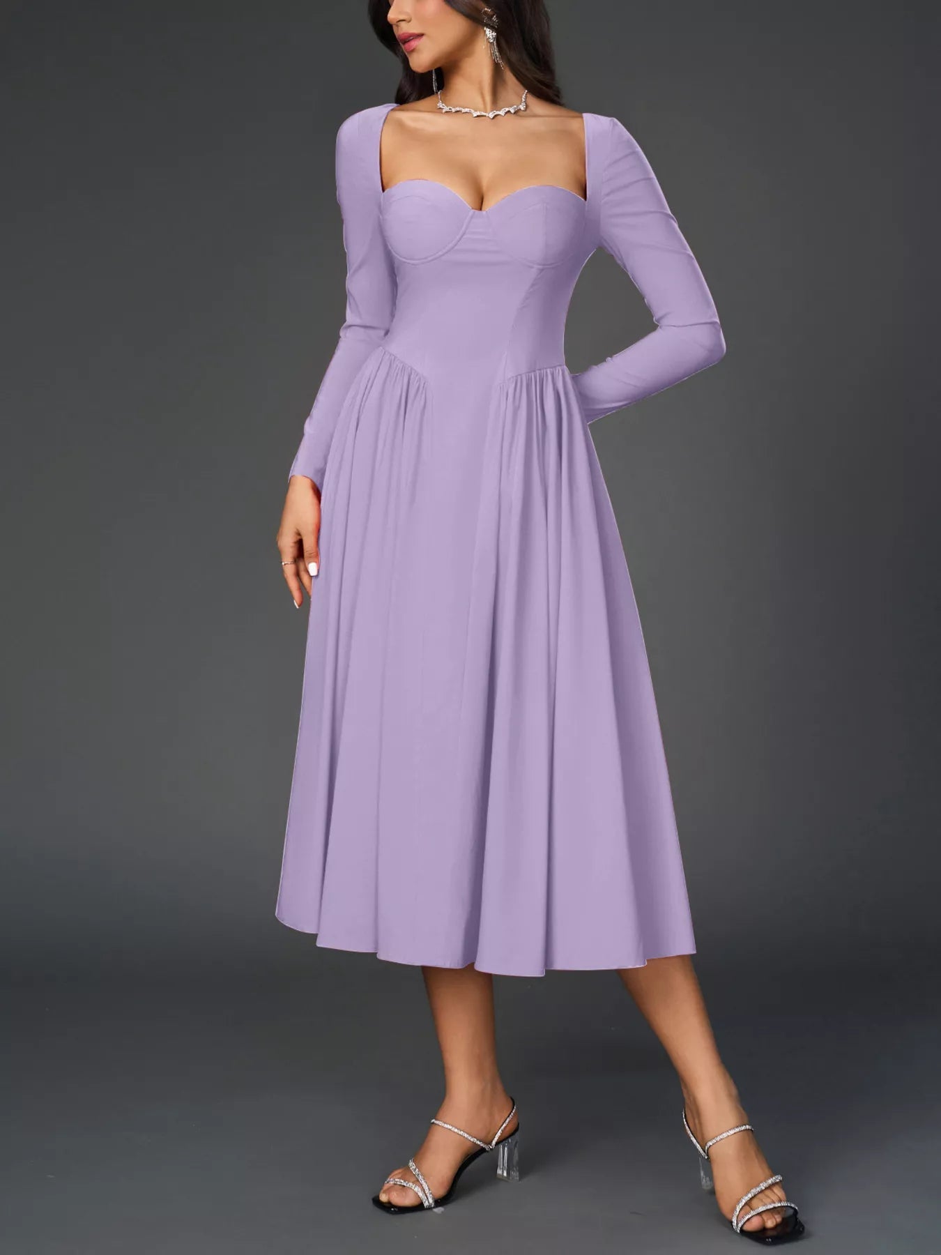 Sweetheart Neckline Long Sleeve A-Line Midi Dress - Lara Moda