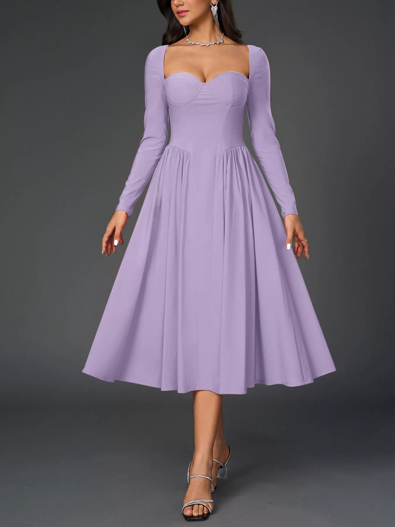 Sweetheart Neckline Long Sleeve A-Line Midi Dress - Lara Moda