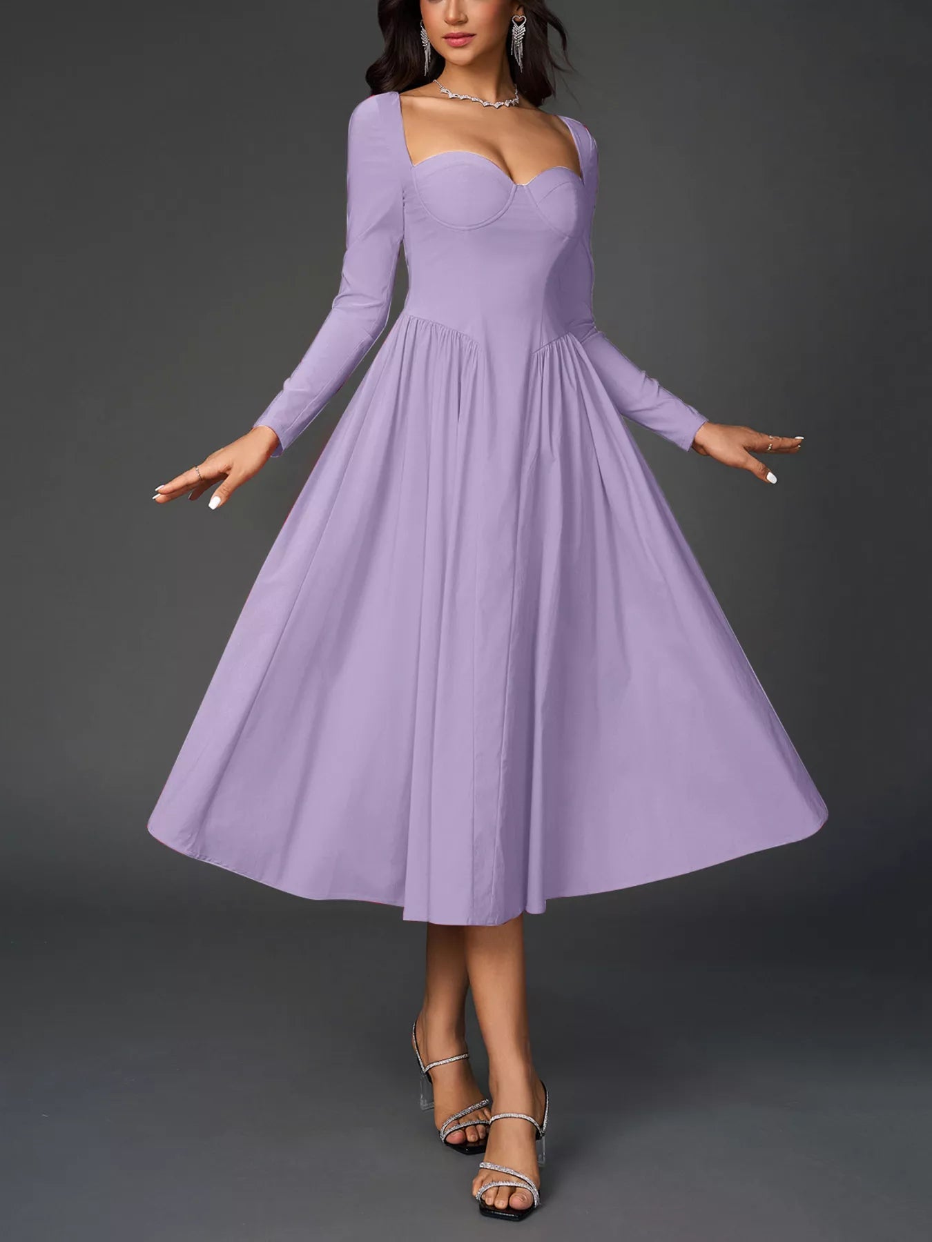 Sweetheart Neckline Long Sleeve A-Line Midi Dress - Lara Moda