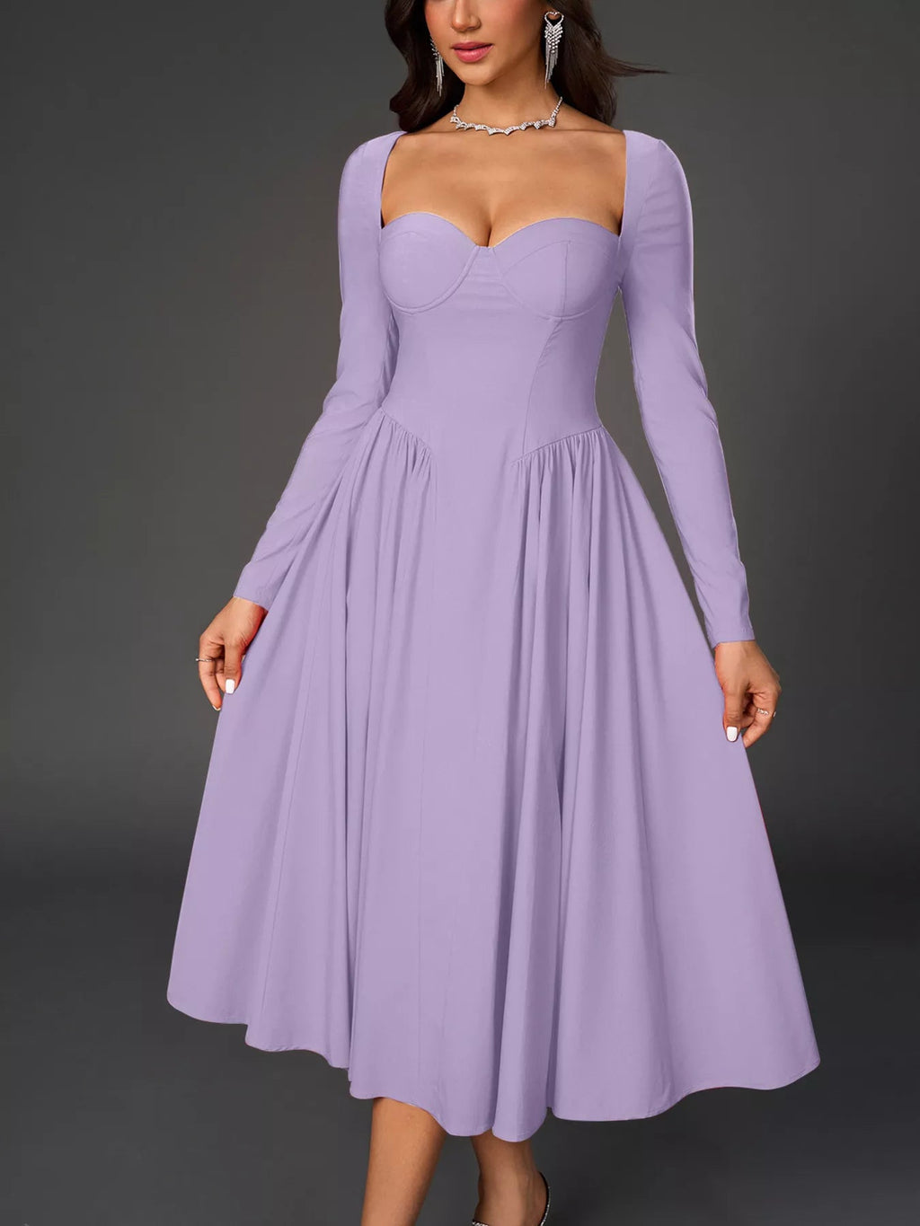 Sweetheart Neckline Long Sleeve A-Line Midi Dress - Lara Moda