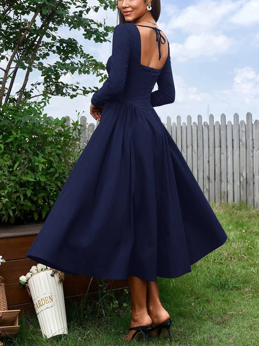 Sweetheart Neckline Long Sleeve A-Line Midi Dress - Lara Moda