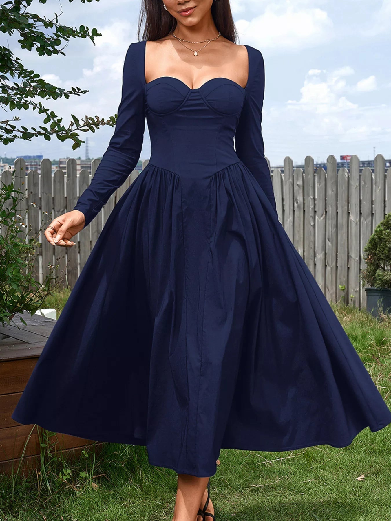Sweetheart Neckline Long Sleeve A-Line Midi Dress - Lara Moda