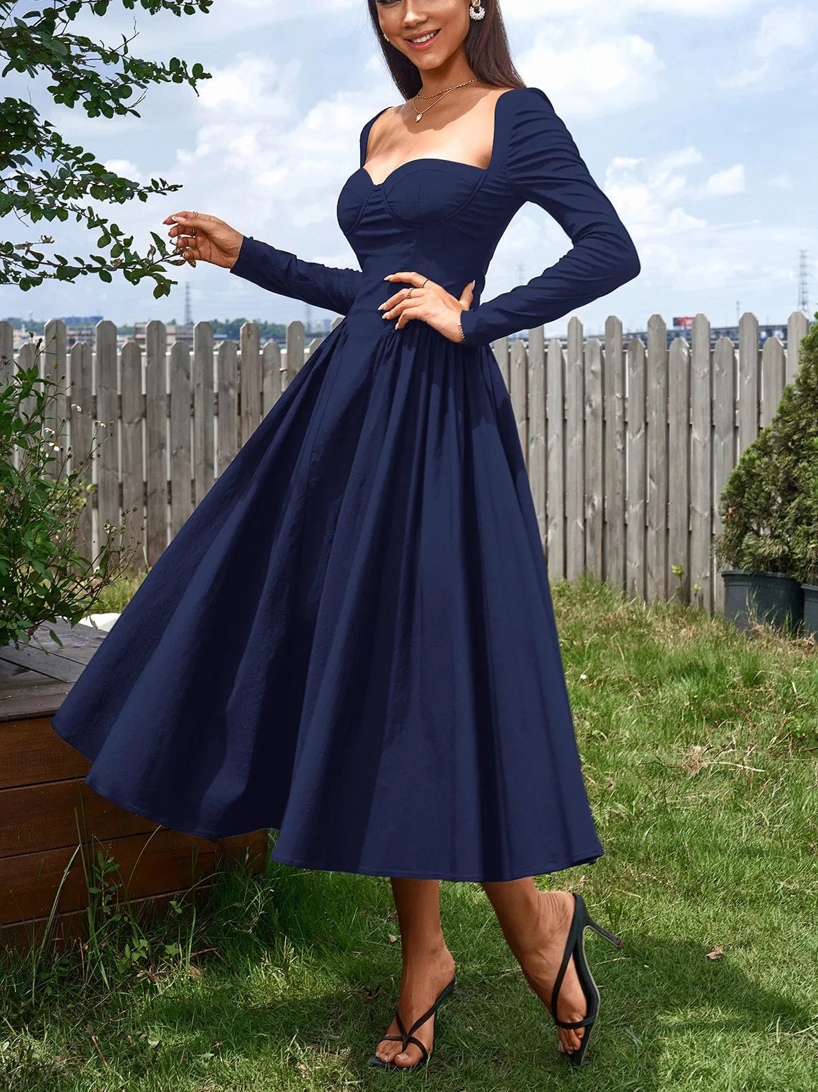Sweetheart Neckline Long Sleeve A-Line Midi Dress - Lara Moda