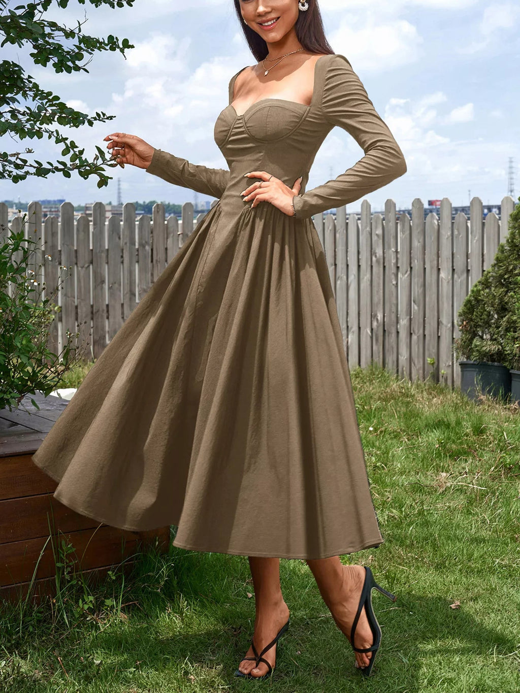 Sweetheart Neckline Long Sleeve A-Line Midi Dress - Lara Moda