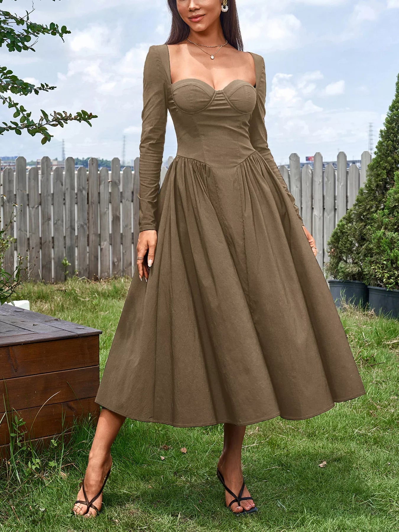 Sweetheart Neckline Long Sleeve A-Line Midi Dress - Lara Moda