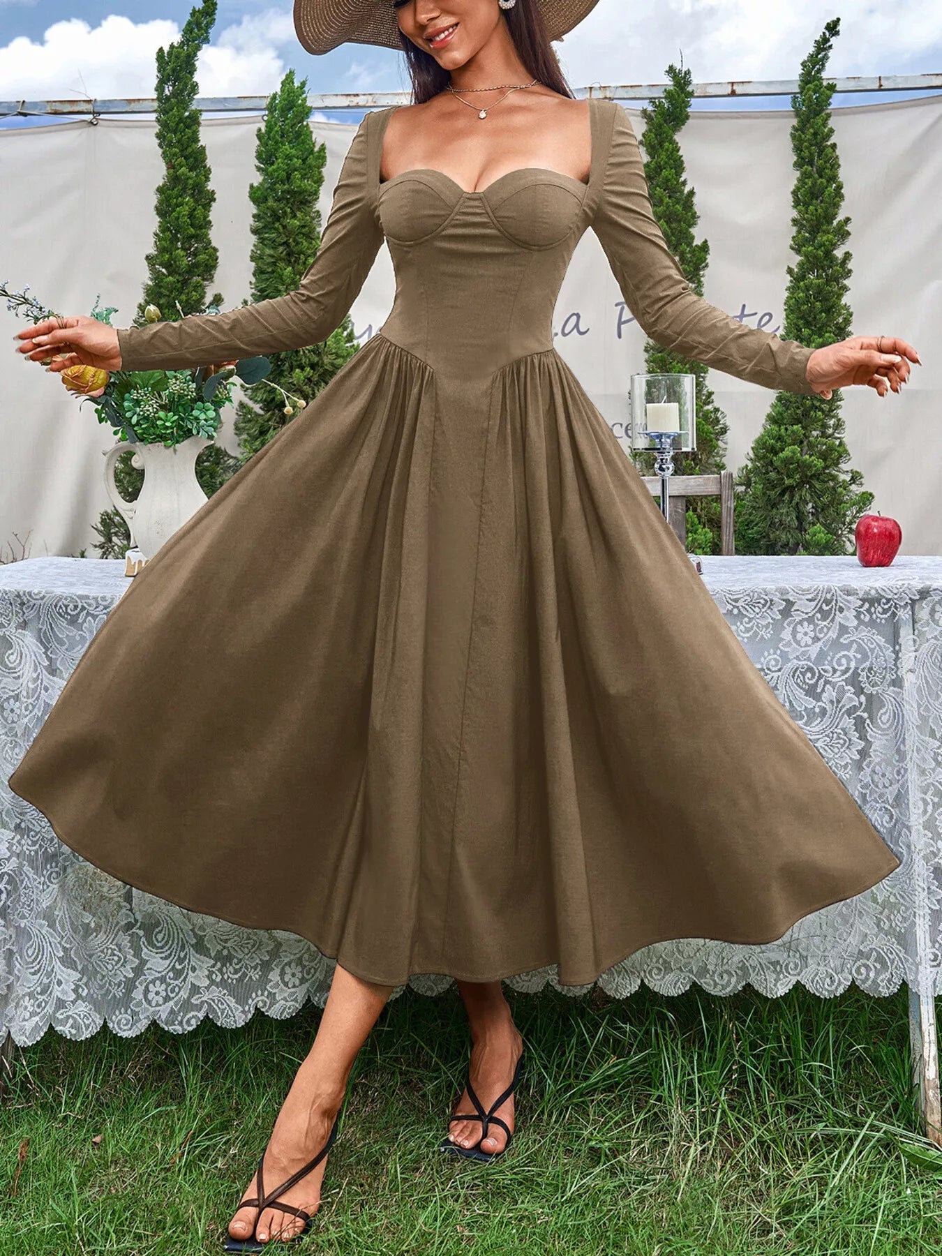 Sweetheart Neckline Long Sleeve A-Line Midi Dress - Lara Moda