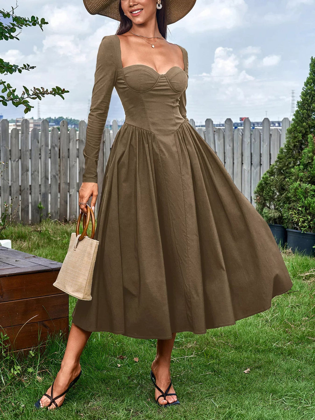 Sweetheart Neckline Long Sleeve A-Line Midi Dress - Lara Moda
