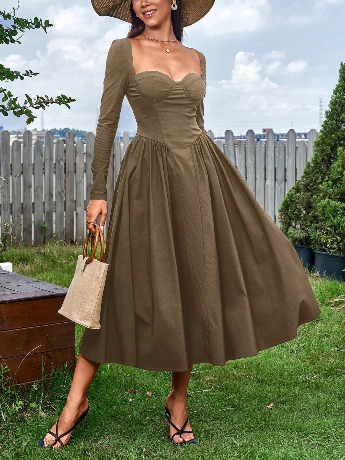 Sweetheart Neckline Long Sleeve A-Line Midi Dress - Lara Moda