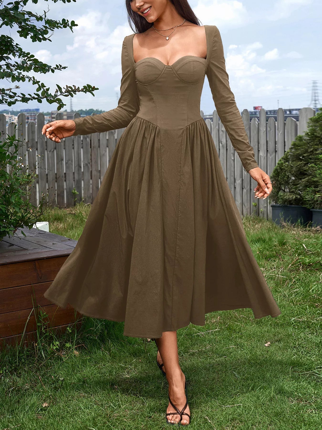 Sweetheart Neckline Long Sleeve A-Line Midi Dress - Lara Moda