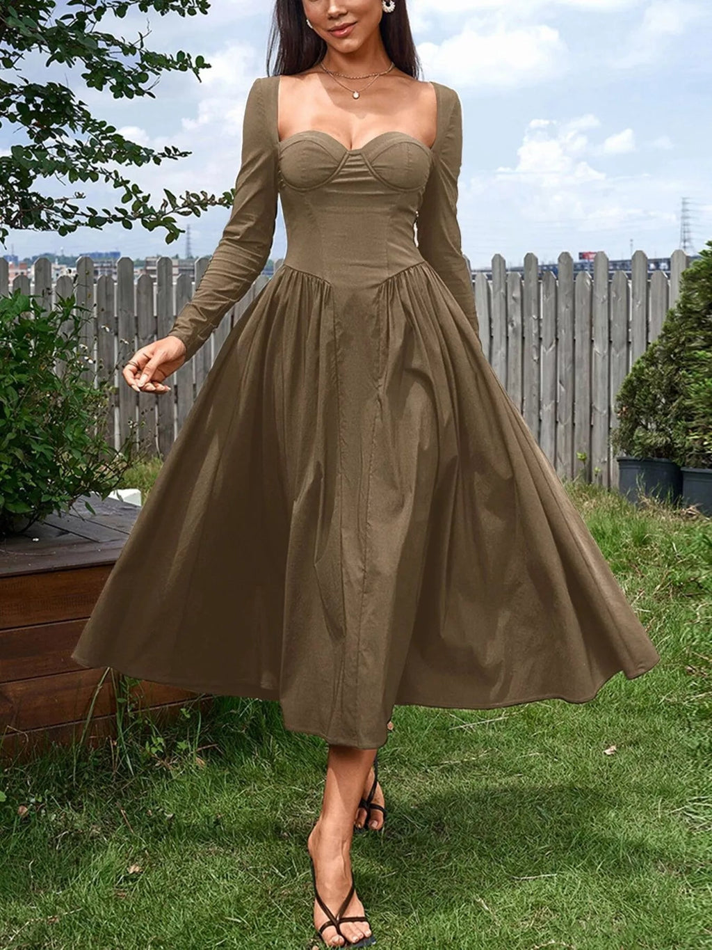Sweetheart Neckline Long Sleeve A-Line Midi Dress - Lara Moda