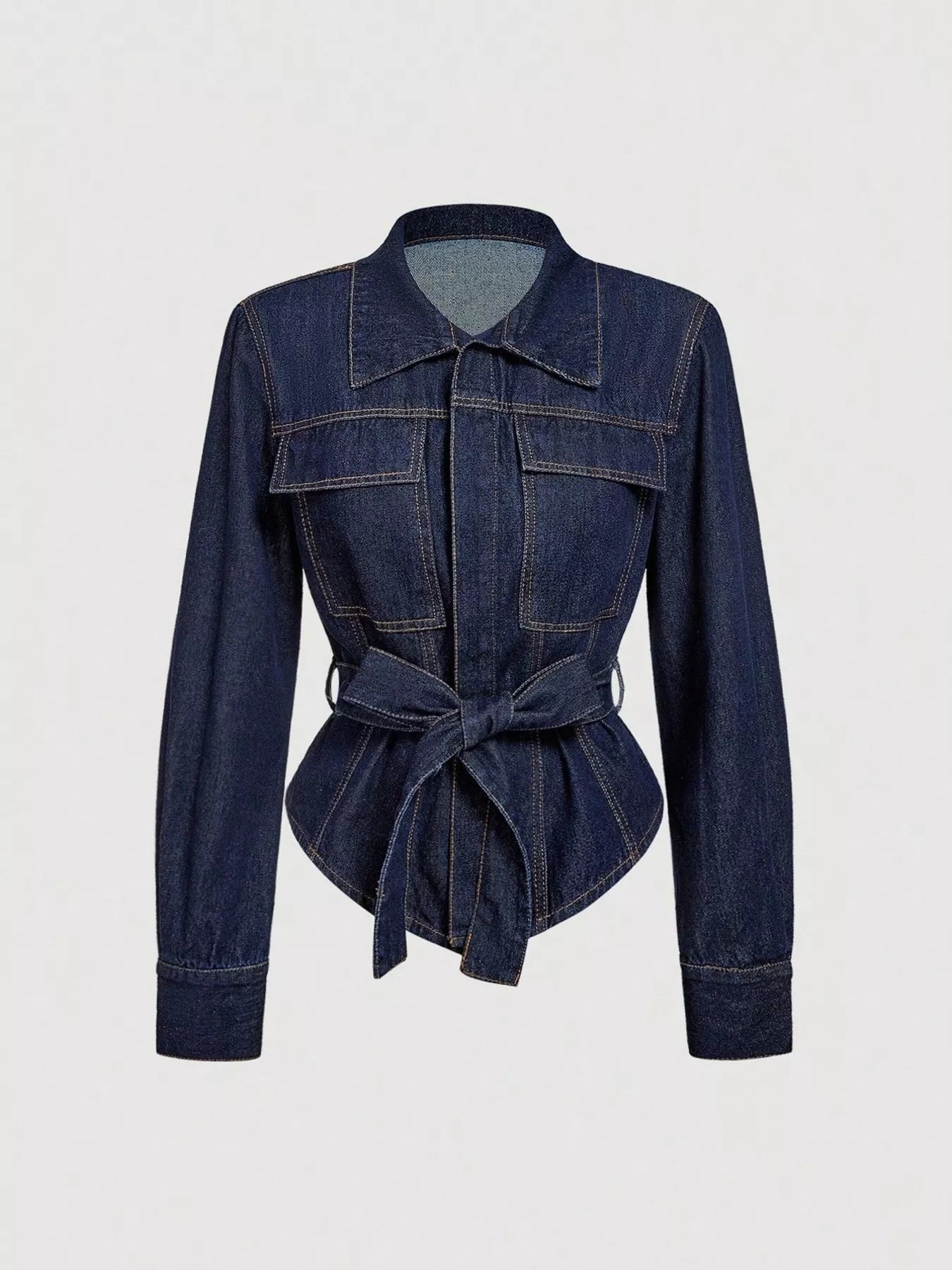 Tie Waist Long Sleeve Denim Jacket - Lara Moda